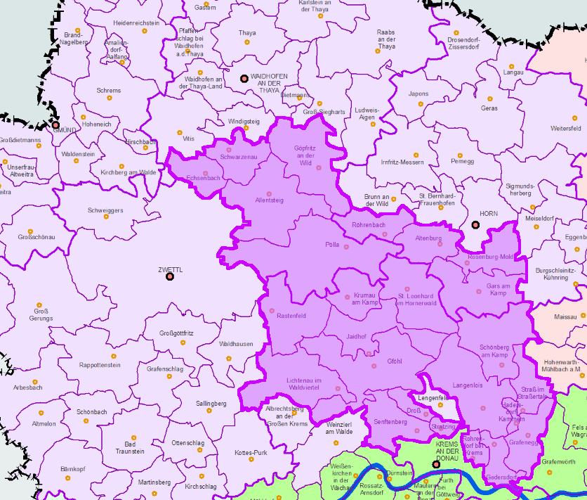 LEADER Region Kamptal+ (modifizierte Karte vom Amt der NÖ Landesregierung)