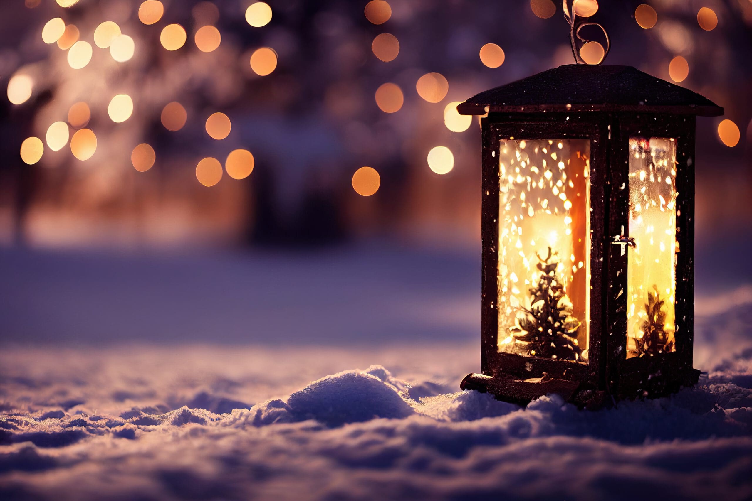 christmas-lantern-with-fir-branch-and-decoration-on-snowy-table-defocused-background-generative-ai